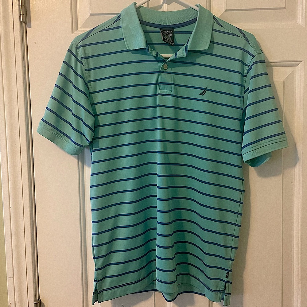 Nautica golf shirt, boys L 14/16. Aqua green w/blue stripes. EUC
